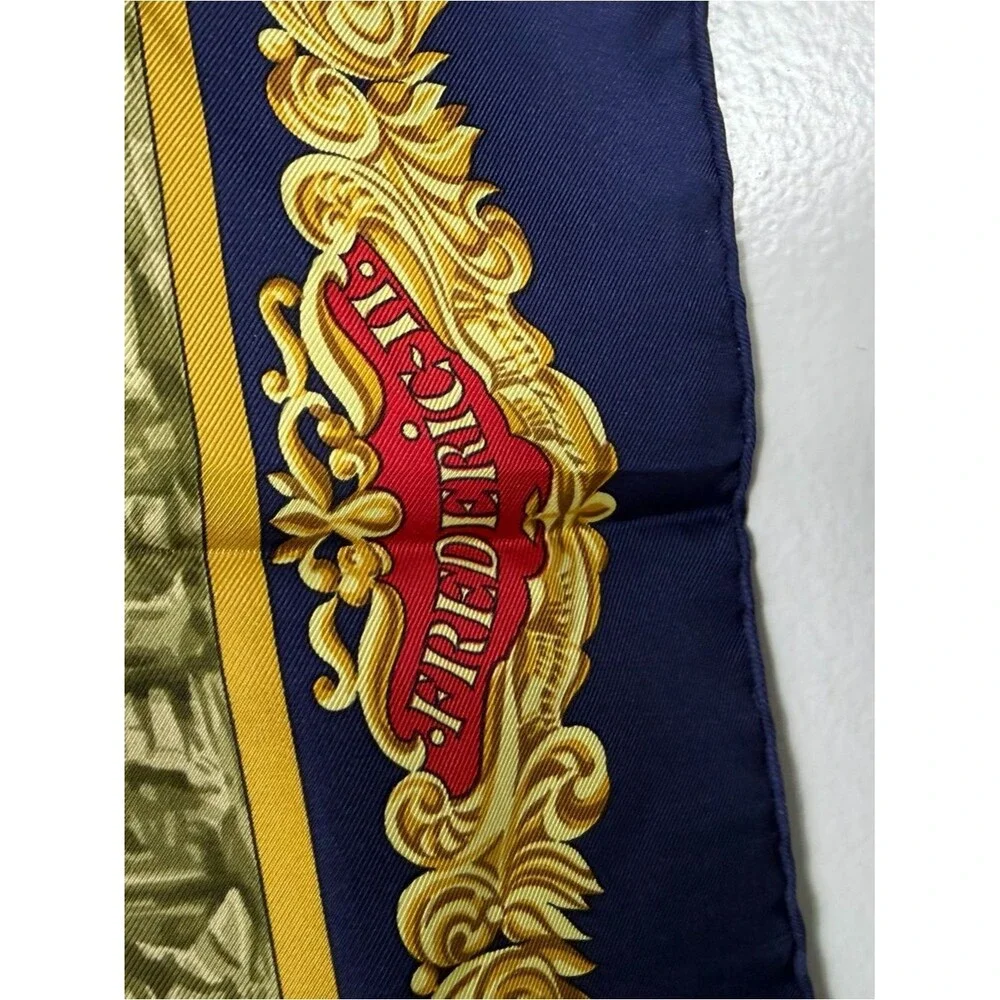 Vintage Herme’s Silk Scarf Palace Scene in Navy, Gold, Cream 34x34